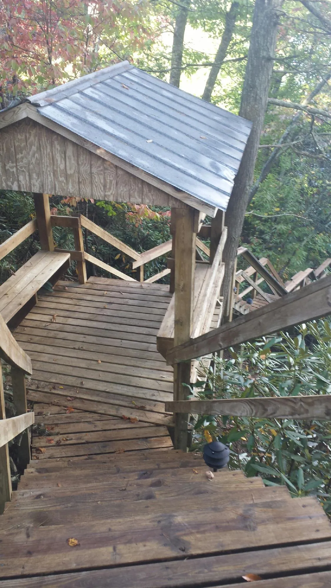 Metal roofed shelter over wooden steps on a wooded walkway — Skylight Repair & Installation work by our crew in Lakeview